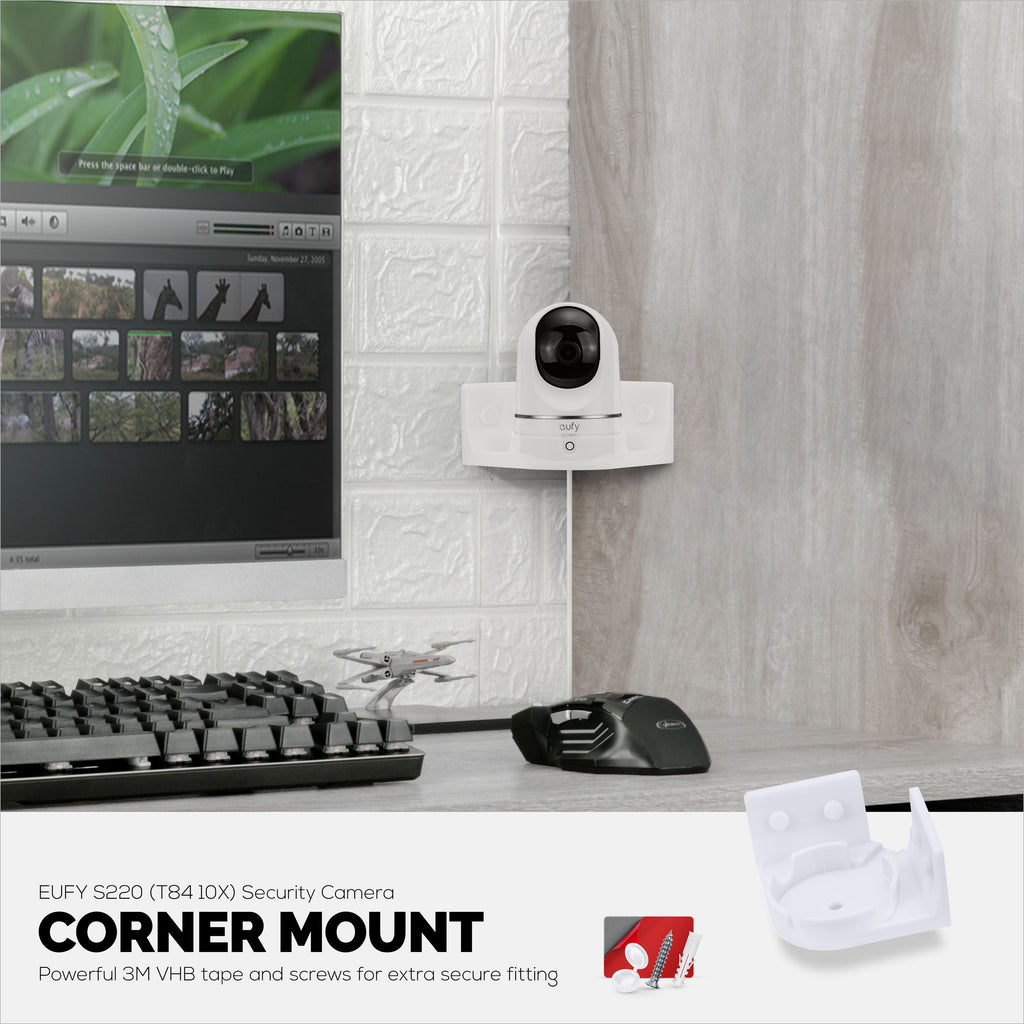Corner Wall Mount Eufy T8410X (IndoorCam E220 / S220),  Adhesive Security Camera Holder Bracket, Reduce Blind Spots & Clutter, Adhesive & Screw-In Mounting