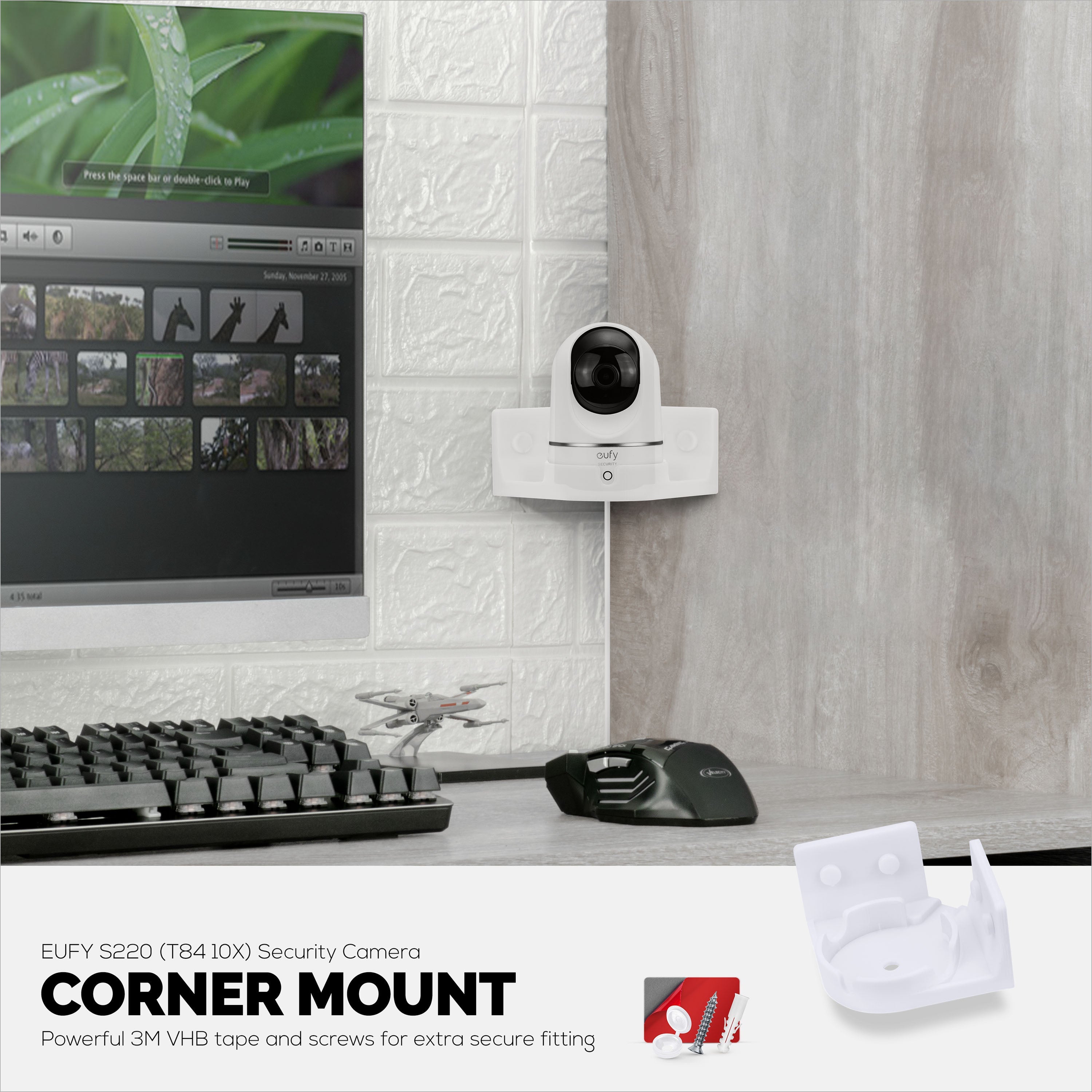 Corner Wall Mount Eufy T8410X (IndoorCam E220 / S220),  Adhesive Security Camera Holder Bracket, Reduce Blind Spots & Clutter, Adhesive & Screw-In Mounting