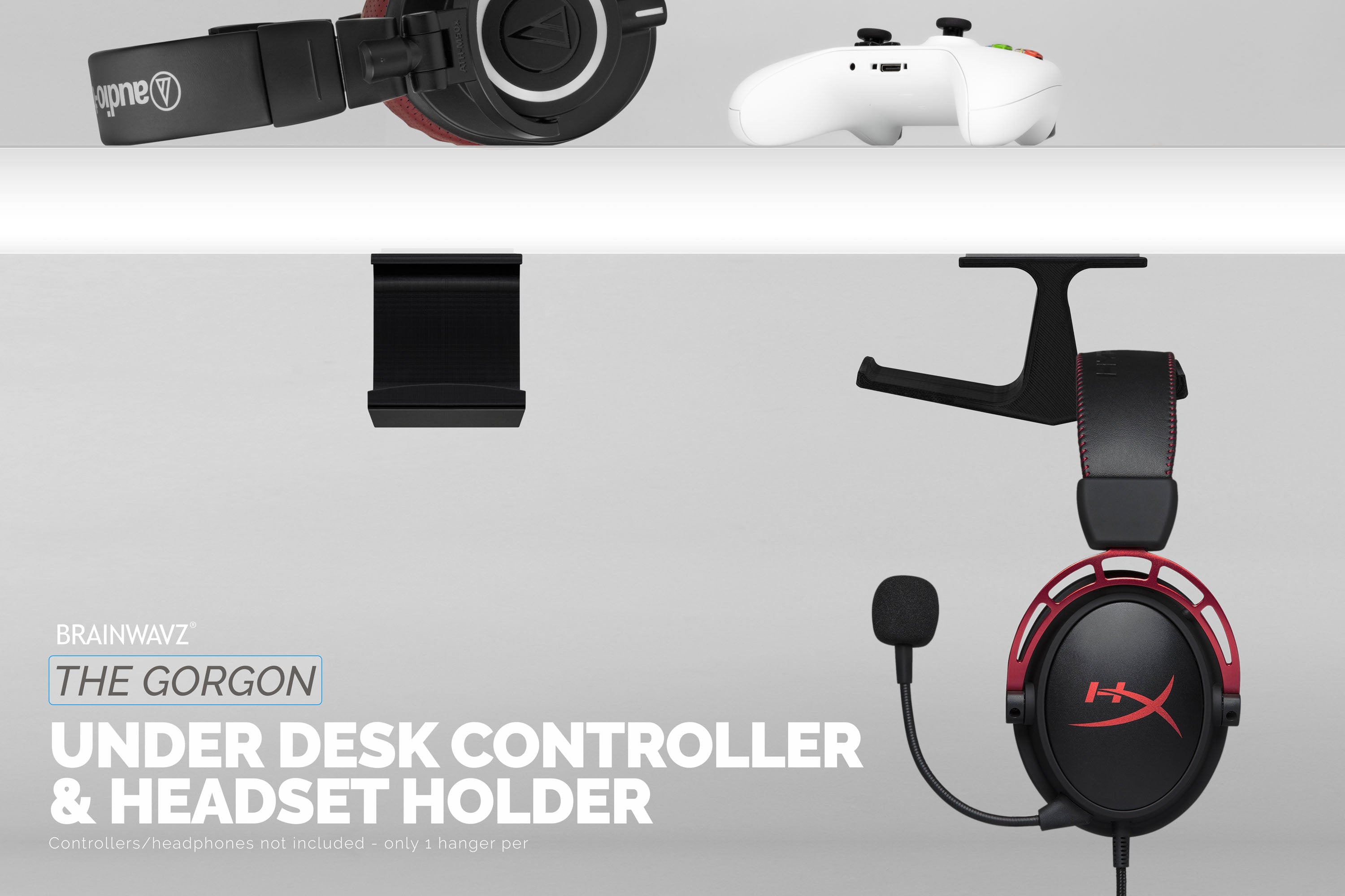 The Gorgon - Under Desk Headphone & Game Controller Hanger Mount - Suitable for Xbox, PS5/PS4, Universal Adhesive Mount, No Screws