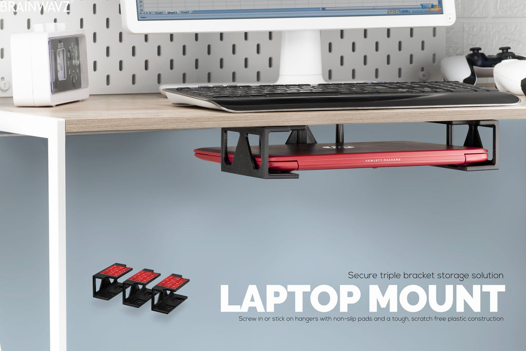 Under Desk Laptop Holder Mount with Adhesive & Screws For Devices like Laptops Macbooks Surface Keyboard Routers Modem Cable Box Network Switch & More