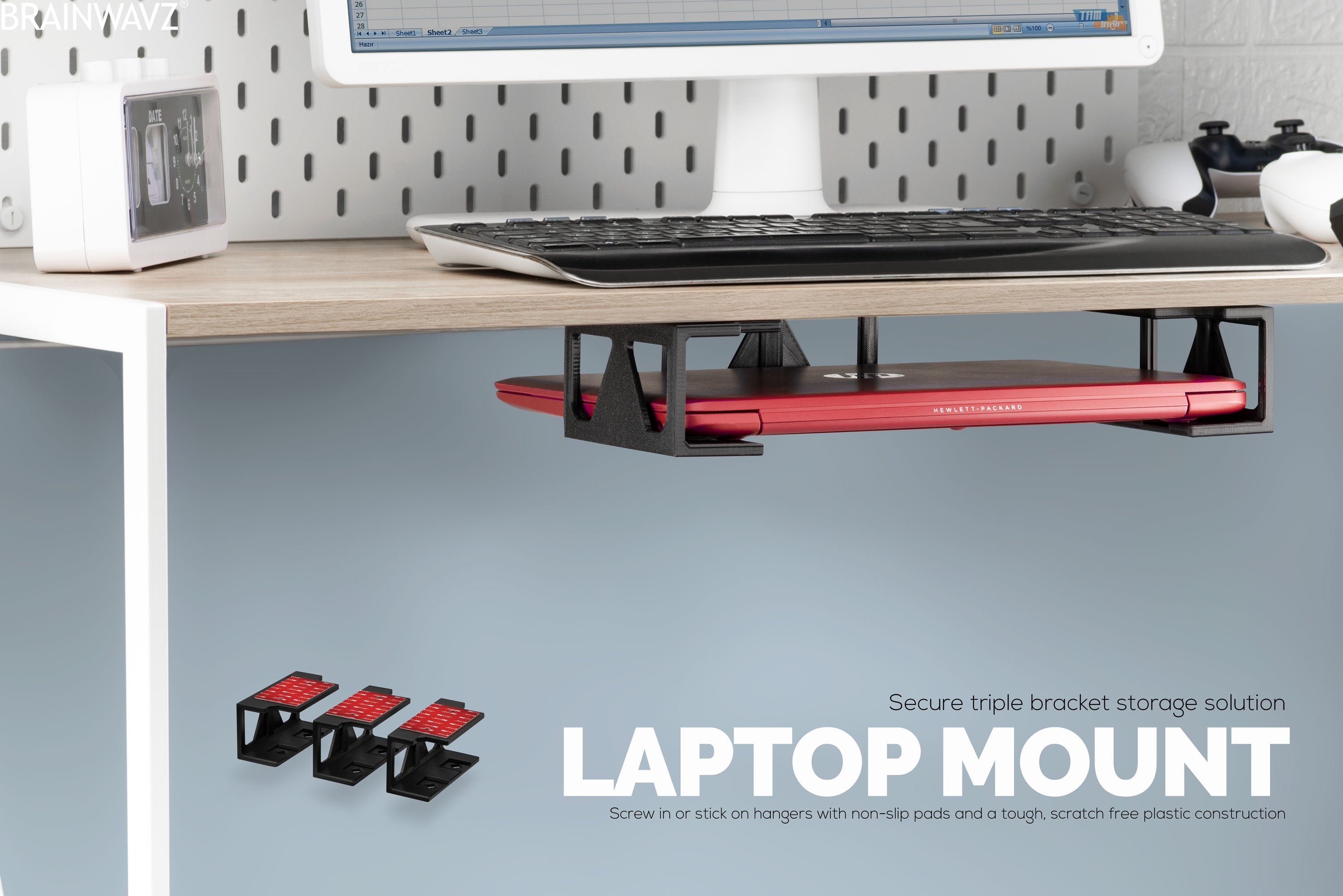 Under Desk Laptop Holder Mount with Adhesive & Screws For Devices like Laptops Macbooks Surface Keyboard Routers Modem Cable Box Network Switch & More