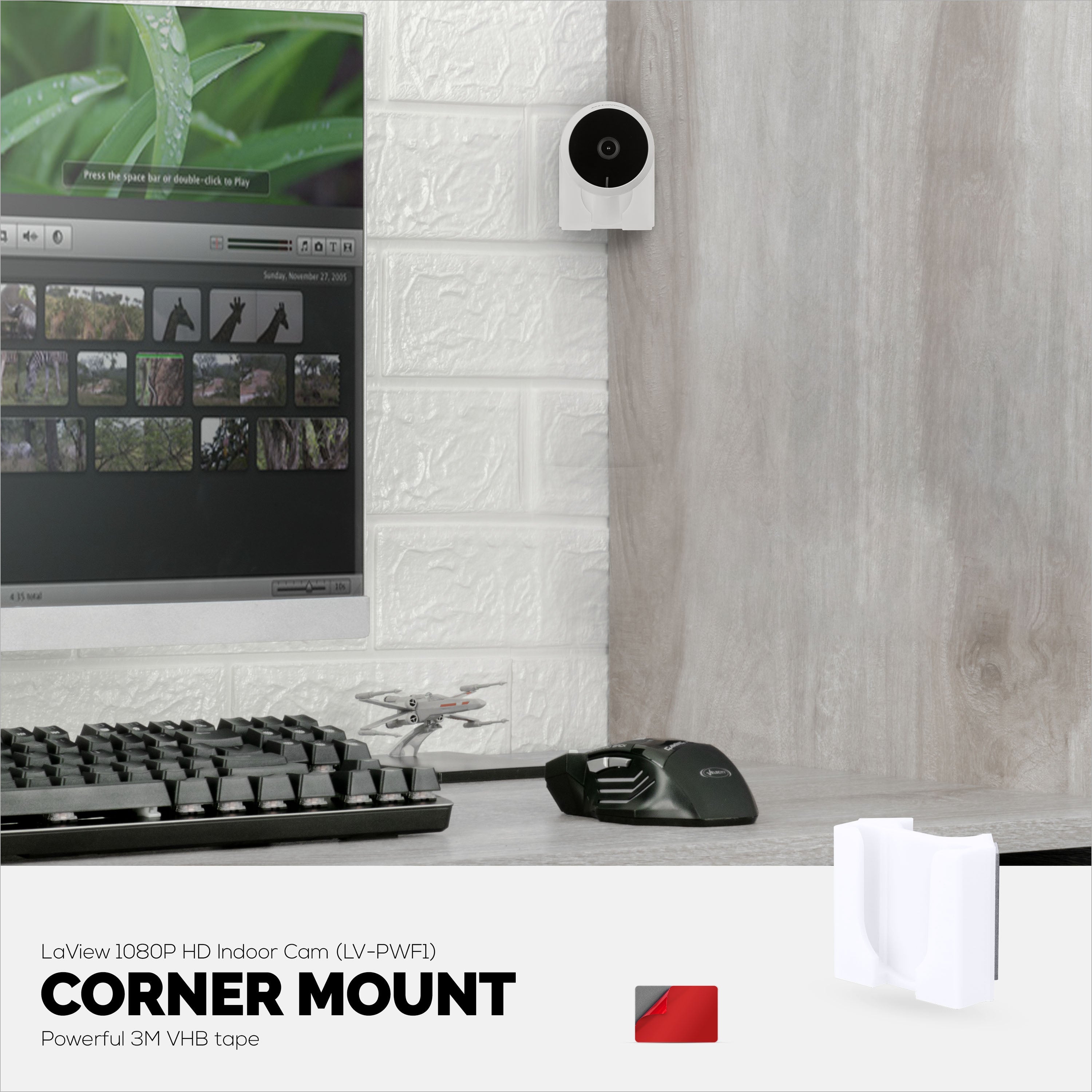 Corner Wall Mount for LaView LV-PWF1 1080P HD Indoor Camera, Adhesive Security Cam Holder Bracket, Reduce Blind Spots & Clutter, Adhesive & Screw-In
