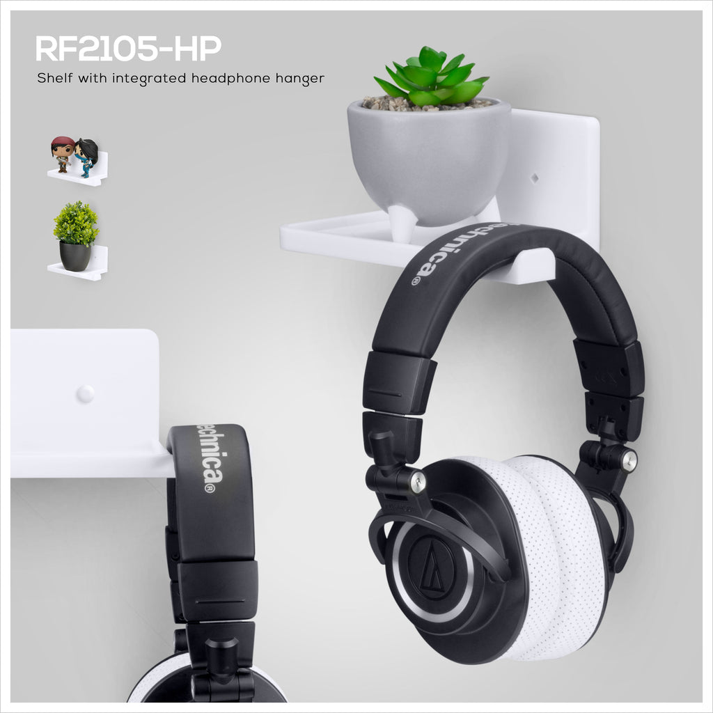 5” Small Floating Shelf with Headphone Hanger, Adhesive & Screw In, For Bluetooth Speakers, Cameras, Plants, Toys, Books & More By Brainwavz (RF2105-HP, White)
