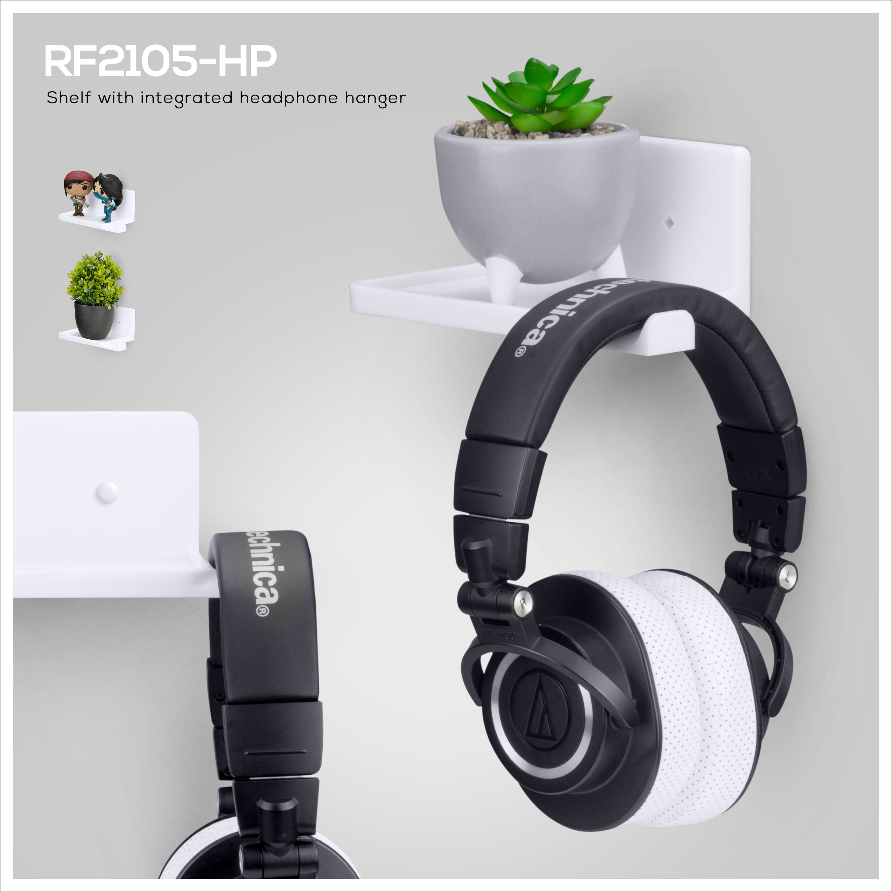 5” Small Floating Shelf with Headphone Hanger, Adhesive & Screw In, For Bluetooth Speakers, Cameras, Plants, Toys, Books & More By Brainwavz (RF2105-HP, White)