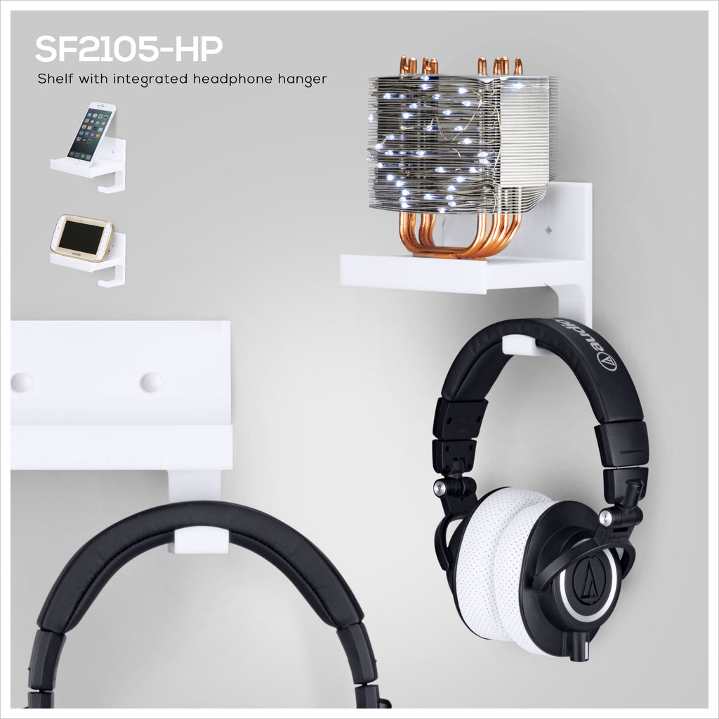 5" Small Floating Shelf With Headphone Hanger, Adhesive & Screw In, For Bluetooth Speakers, Cameras, Plants, Toys & More, Easy to Install (SF2105-HP, White)