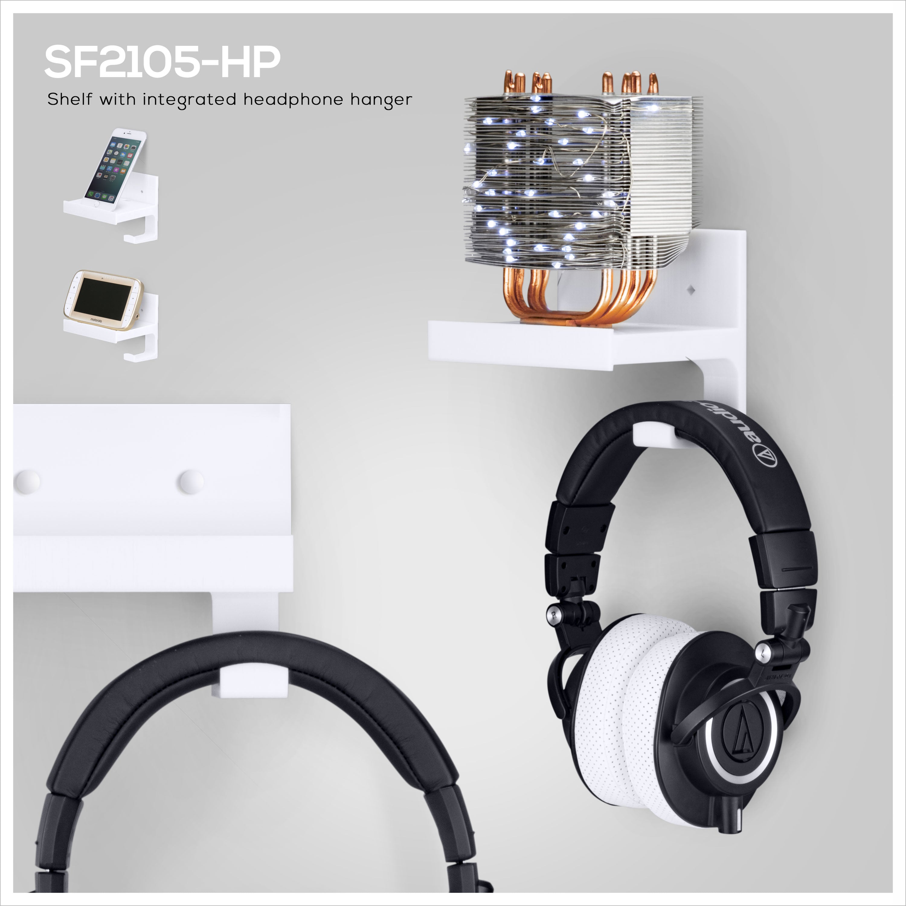 5" Small Floating Shelf With Headphone Hanger, Adhesive & Screw In, For Bluetooth Speakers, Cameras, Plants, Toys & More, Easy to Install (SF2105-HP, White)