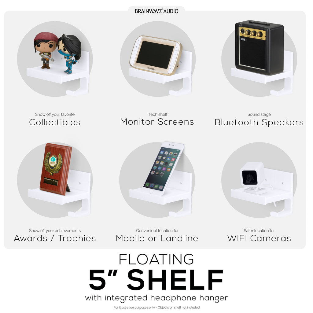 5" Small Floating Shelf With Headphone Hanger, Adhesive & Screw In, For Bluetooth Speakers, Cameras, Plants, Toys & More, Easy to Install (SF2105-HP, White)