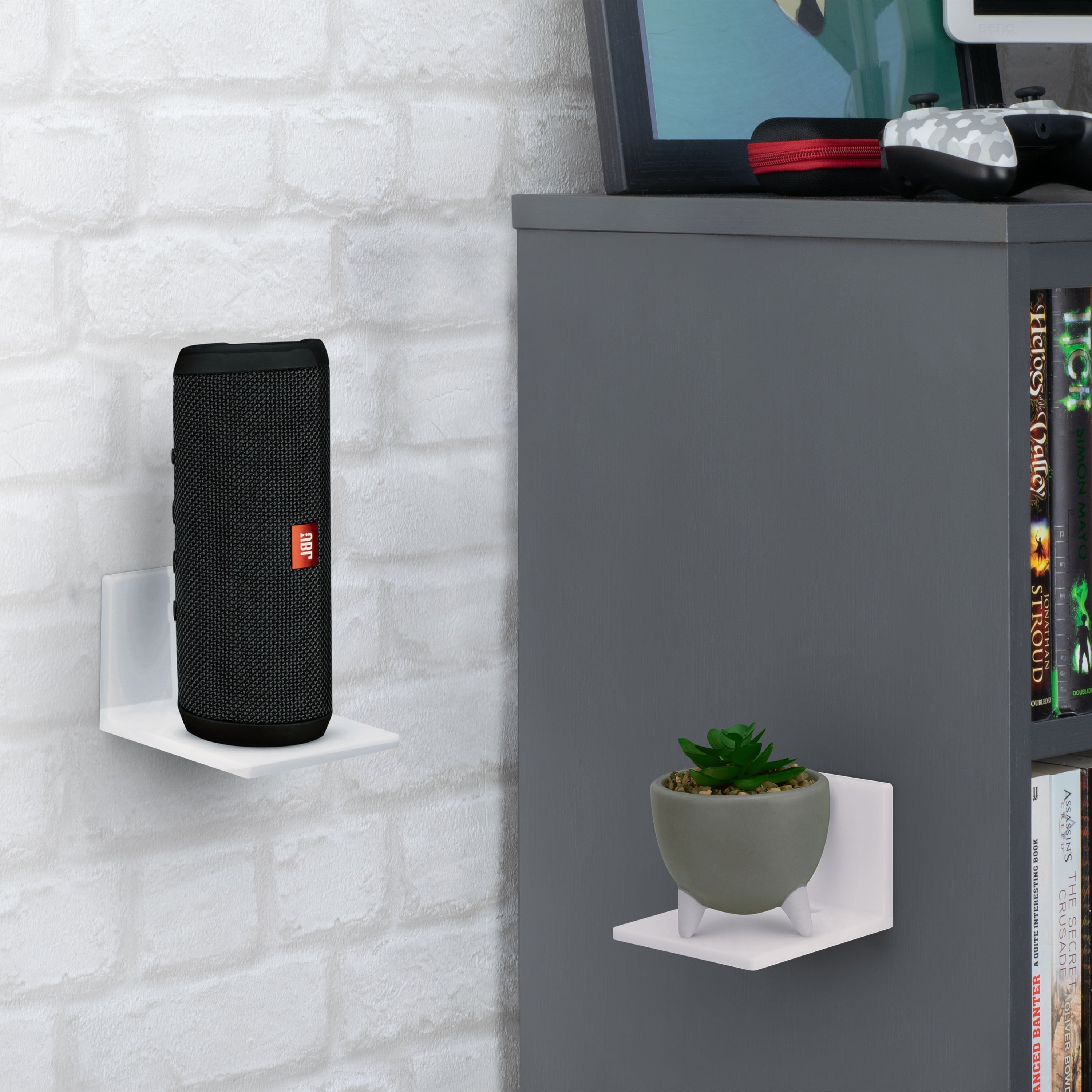 3.5” Small Floating Shelf Speaker & Camera Stand, Self Adhesive, No Screws Wall Mount For Cameras Baby Monitors Webcams