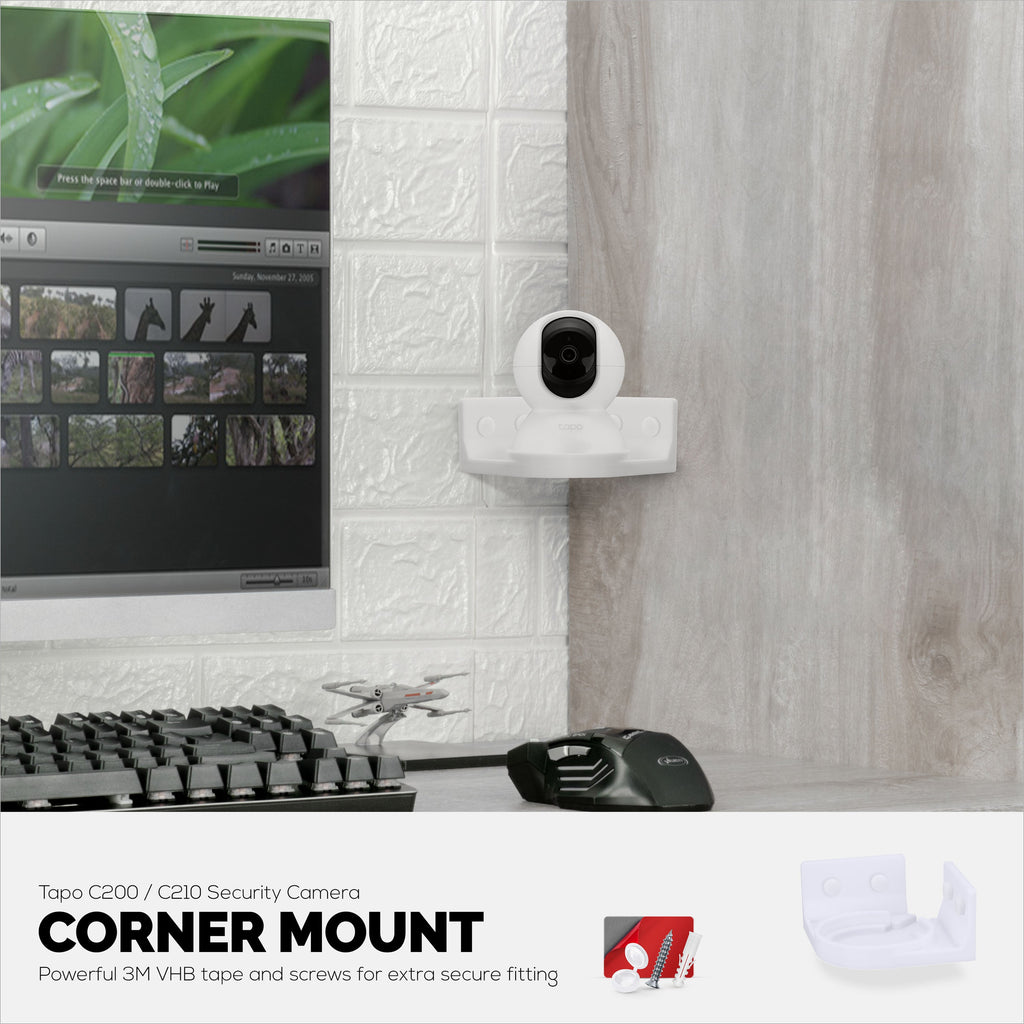 Corner Wall Mount for Tapo Pan/Tilt C200/C210 Pet & Baby Indoor Camera, Security Camera Holder Bracket, Reduce Blind Spots & Clutter, Adhesive & Screw-In Mounting