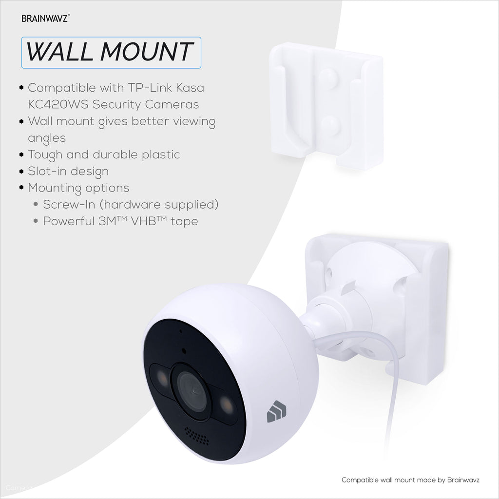 Screwless Wall Mount For TP-Link Kasa KC420WS Camera - Strong VHB Stick On Adhesive, Easy To Install, No Mess, Reduce Blind Spots & Better Viewing, Bracket Holder Shelf
