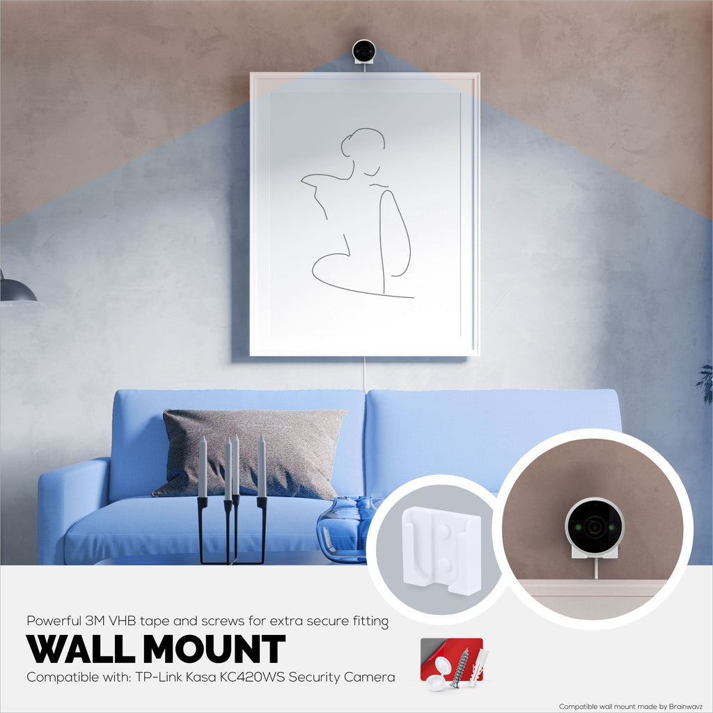 Screwless Wall Mount For TP-Link Kasa KC420WS Camera - Strong VHB Stick On Adhesive, Easy To Install, No Mess, Reduce Blind Spots & Better Viewing, Bracket Holder Shelf