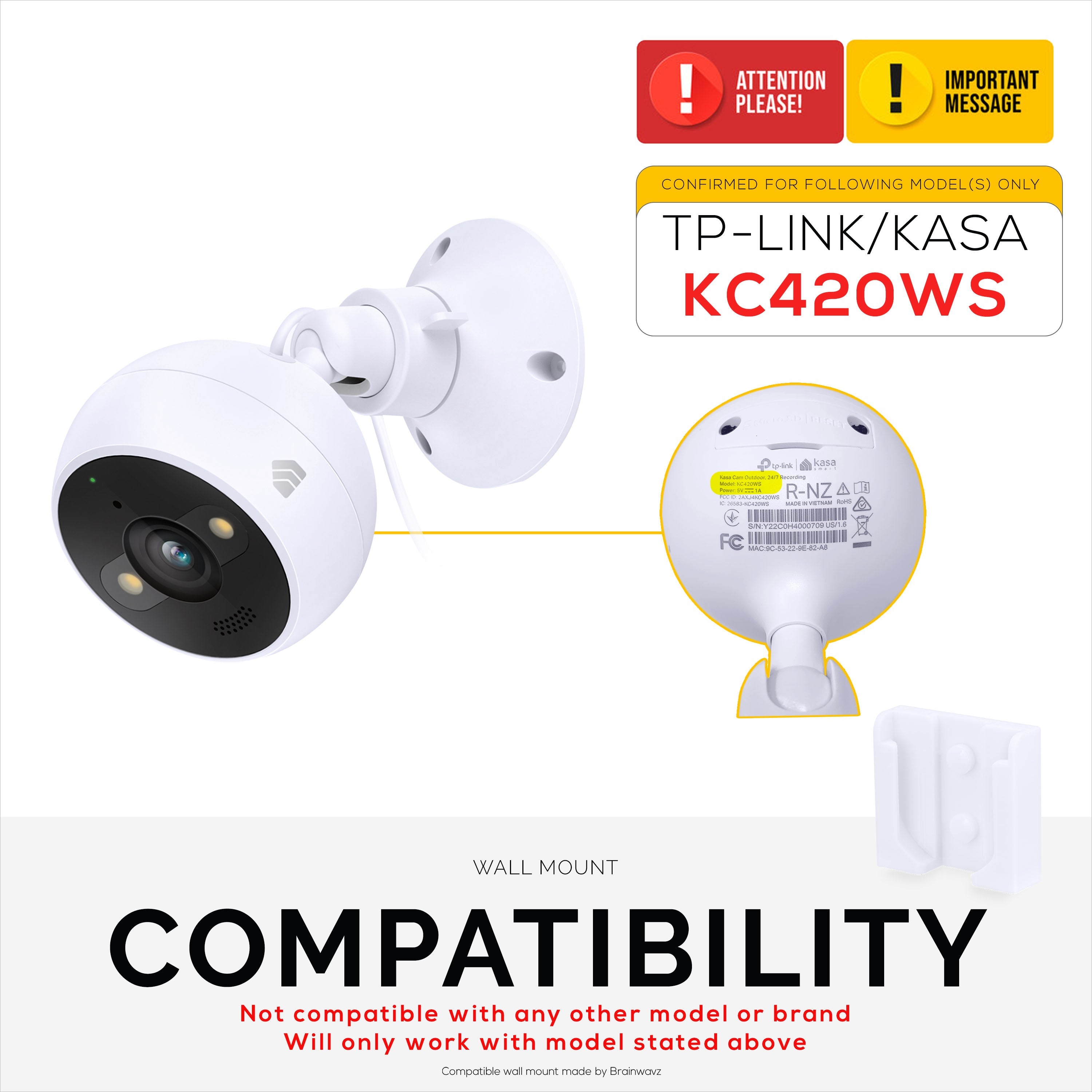 Screwless Wall Mount For TP-Link Kasa KC420WS Camera - Strong VHB Stick On Adhesive, Easy To Install, No Mess, Reduce Blind Spots & Better Viewing, Bracket Holder Shelf