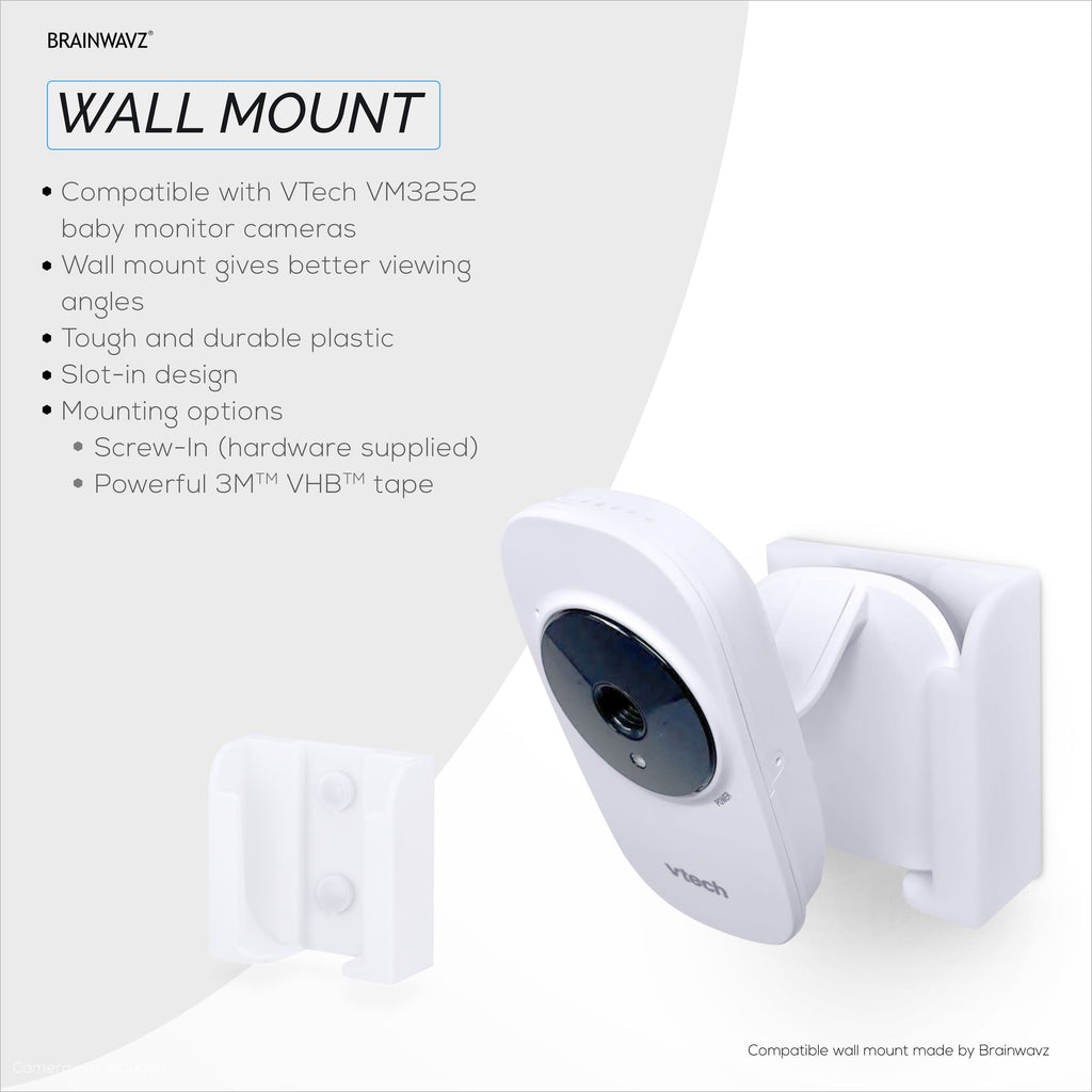 Drill Free Wall Mount For VTECH VM3252 Camera, Easy To Install Holder with Strong Adhesive, No Mess, Reduces Blind Spots & Clutter