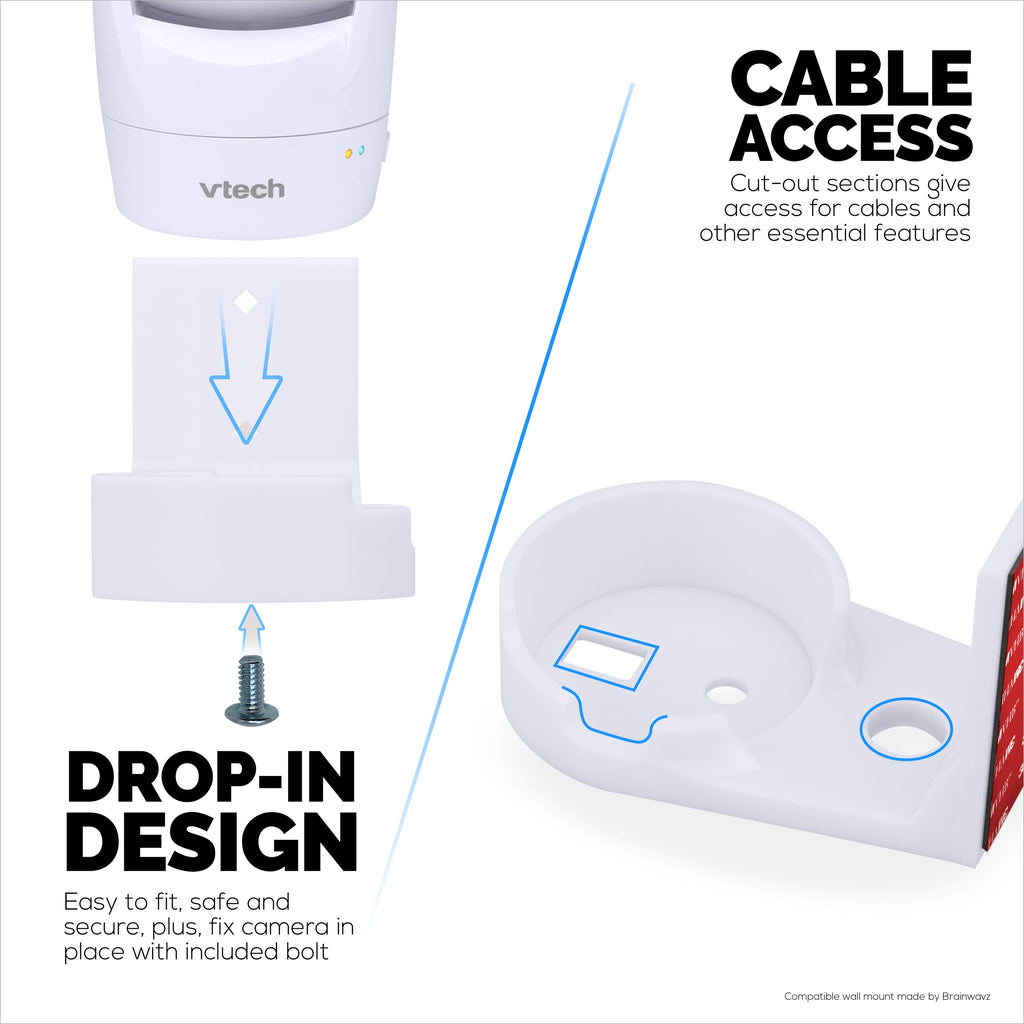 Drill Free Wall Mount For VTech ‎VM901 Camera, Easy To Install Holder with Strong Adhesive, No Mess, Reduces Blind Spots & Clutter
