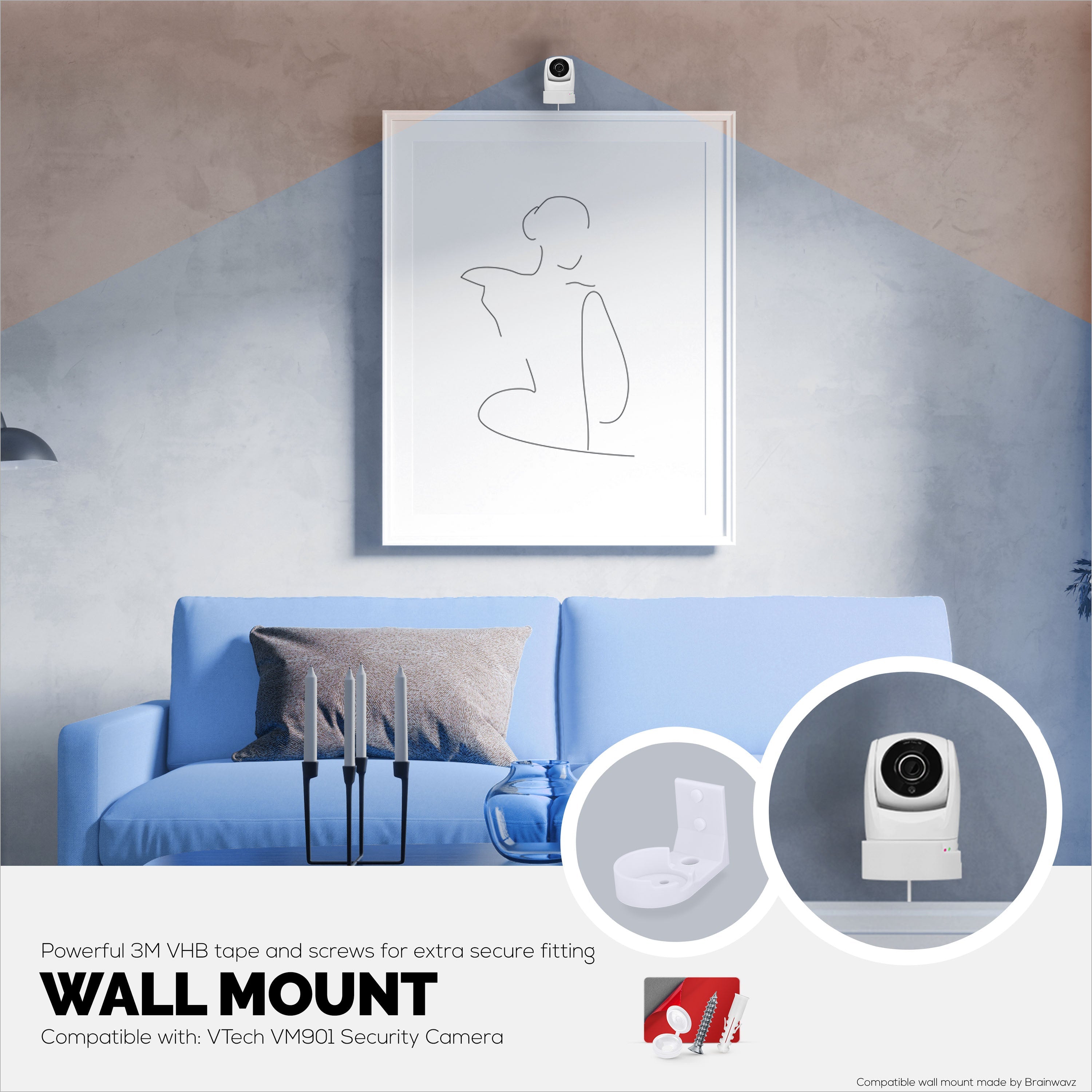 Drill Free Wall Mount For VTech ‎VM901 Camera, Easy To Install Holder with Strong Adhesive, No Mess, Reduces Blind Spots & Clutter
