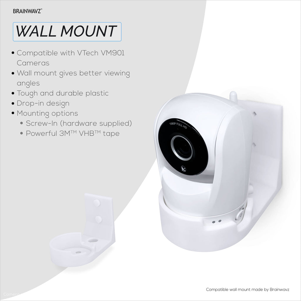 Drill Free Wall Mount For VTech ‎VM901 Camera, Easy To Install Holder with Strong Adhesive, No Mess, Reduces Blind Spots & Clutter