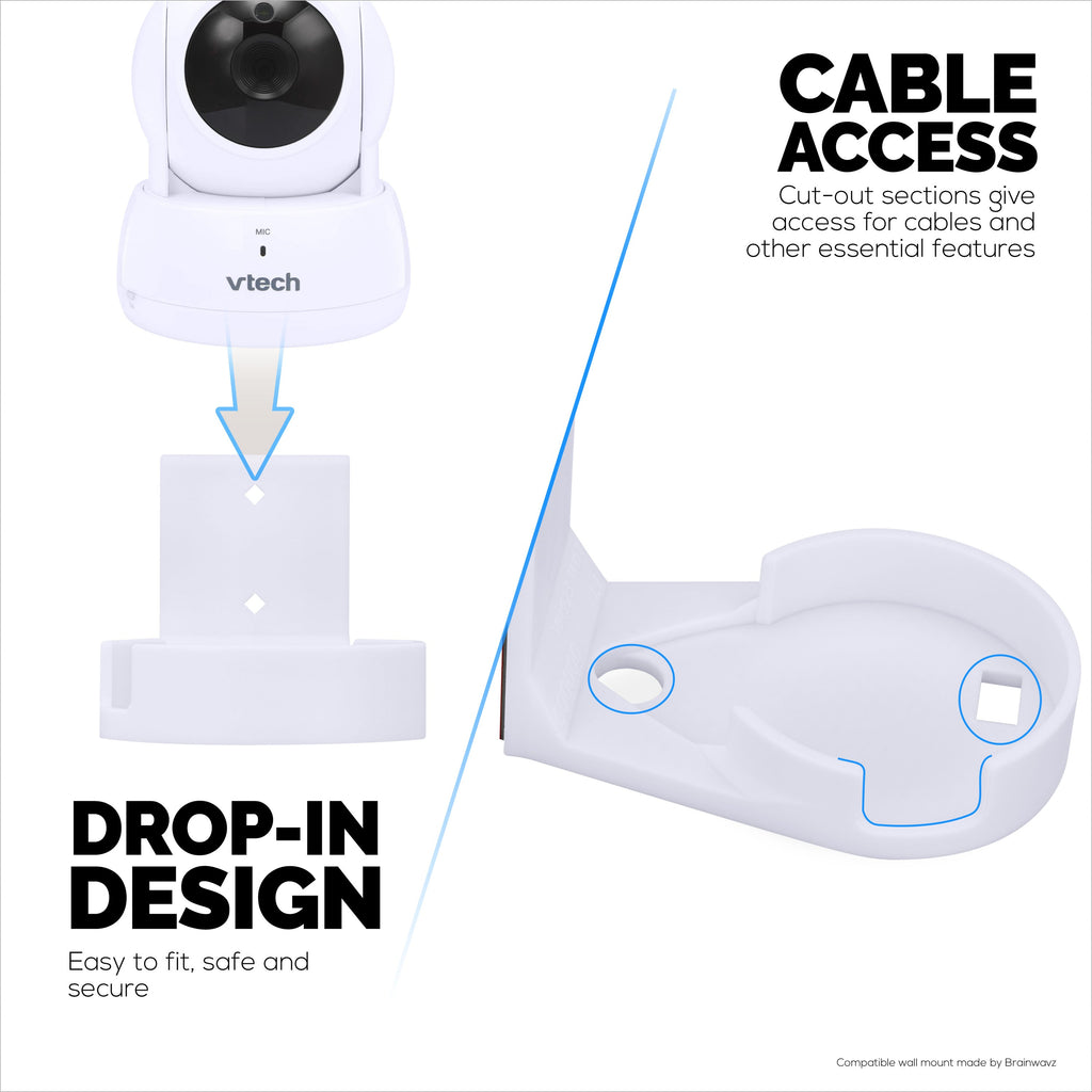 Drill Free Wall Mount For VTech ‎VM923 Camera, Easy To Install Holder with Strong Adhesive, No Mess, Reduces Blind Spots & Clutter