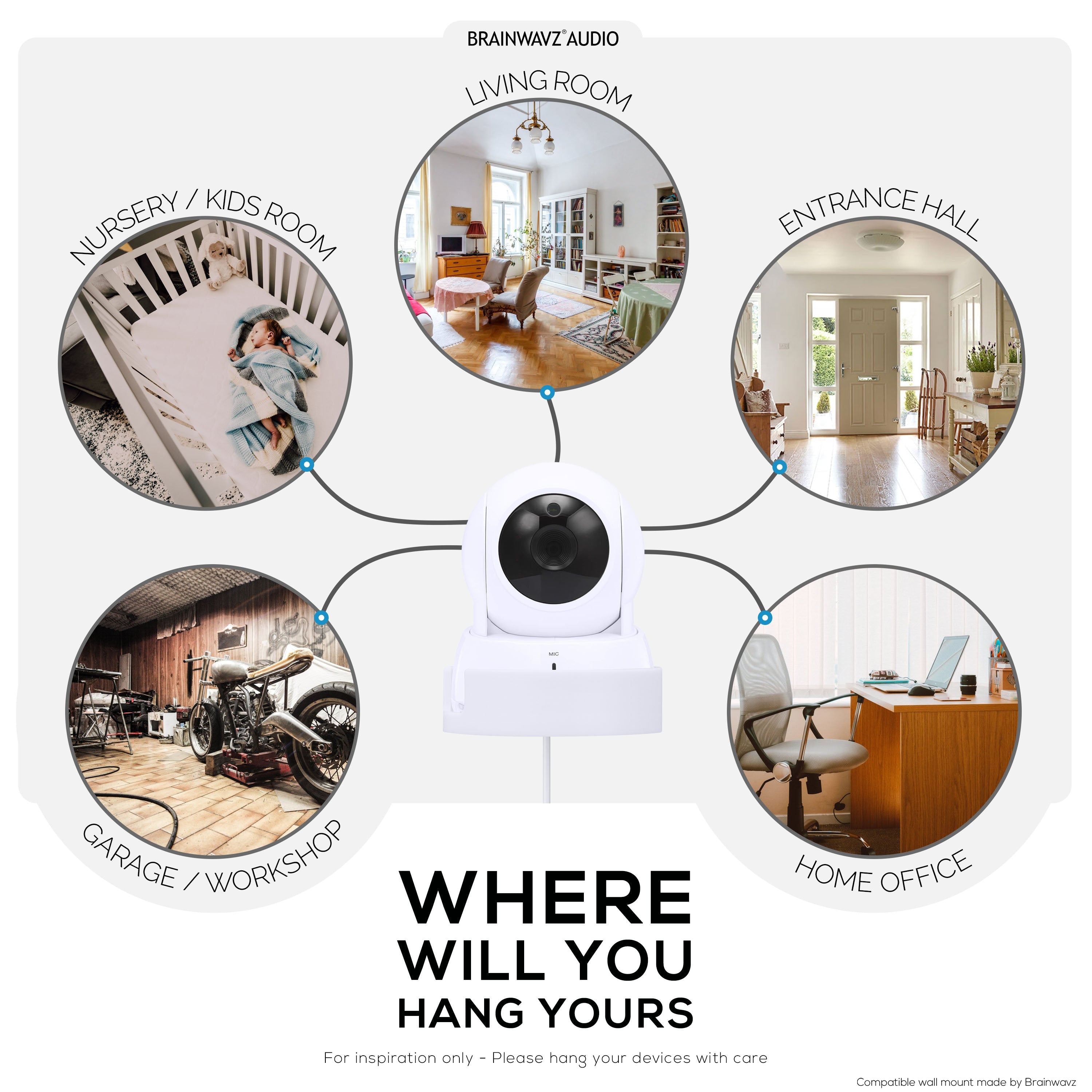Drill Free Wall Mount For VTech ‎VM923 Camera, Easy To Install Holder with Strong Adhesive, No Mess, Reduces Blind Spots & Clutter
