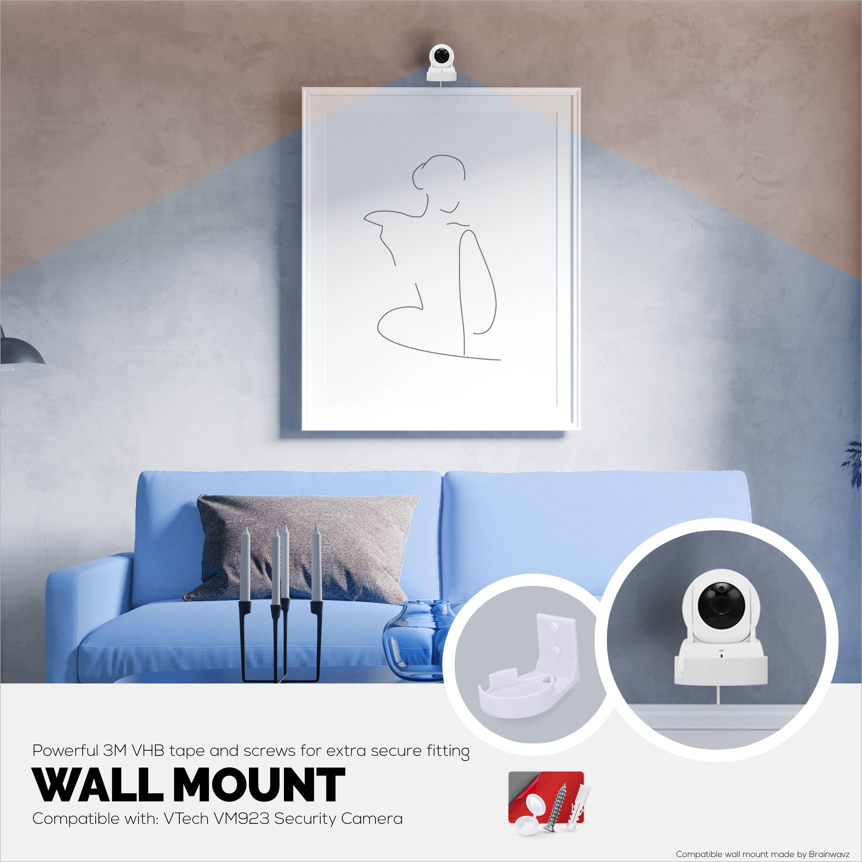 Drill Free Wall Mount For VTech ‎VM923 Camera, Easy To Install Holder with Strong Adhesive, No Mess, Reduces Blind Spots & Clutter