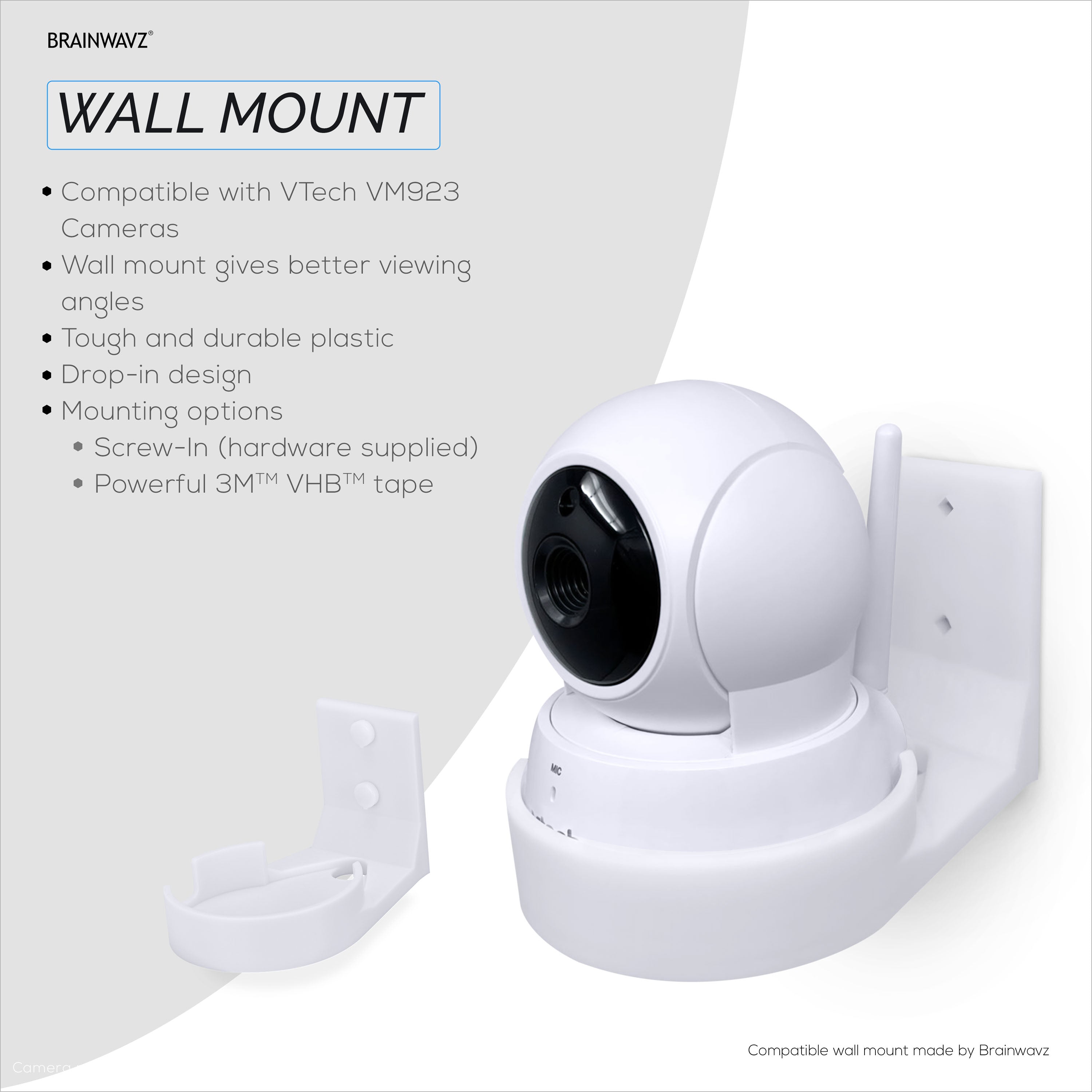 Drill Free Wall Mount For VTech ‎VM923 Camera, Easy To Install Holder with Strong Adhesive, No Mess, Reduces Blind Spots & Clutter